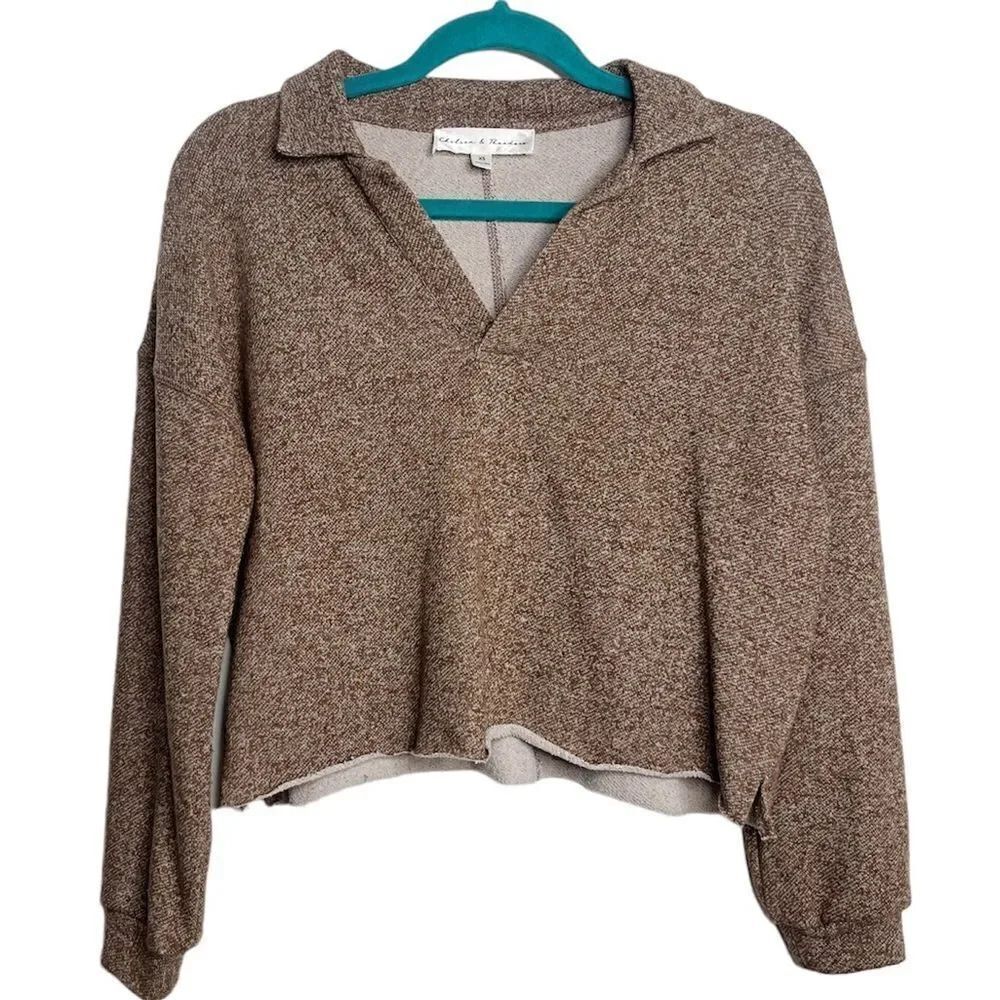 Chelsea & Theodore Cropped Raw Edge Long Sleeve Pullover Brown Red Size XS